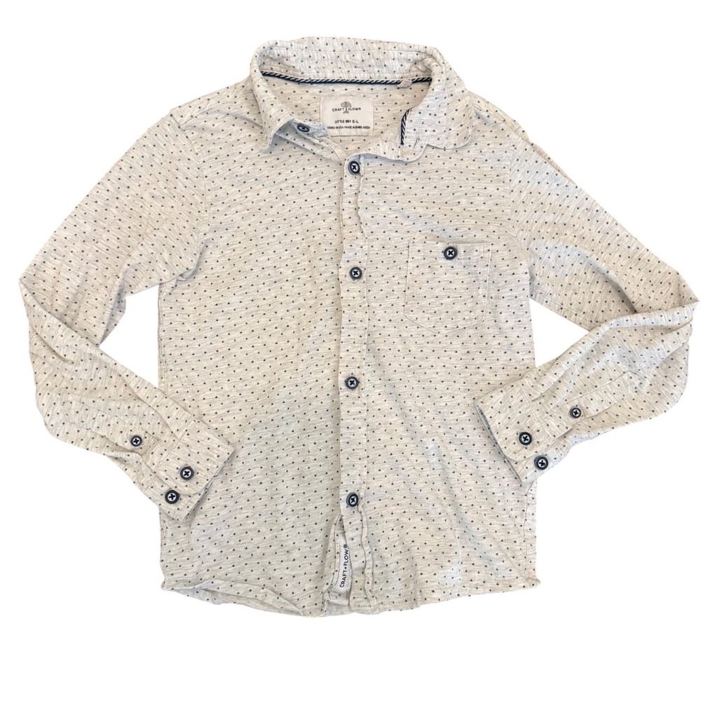 Craft + Flow Boys Light Heather Grey Navy Fleur Print Button Down Shirt Size 6